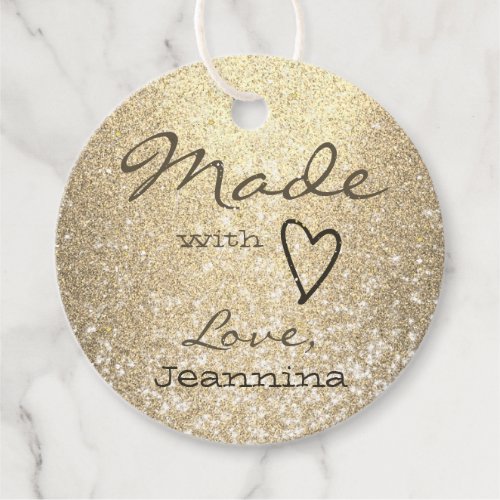 Luxury Gold Golden Glitter Made with Love Heart Favor Tags