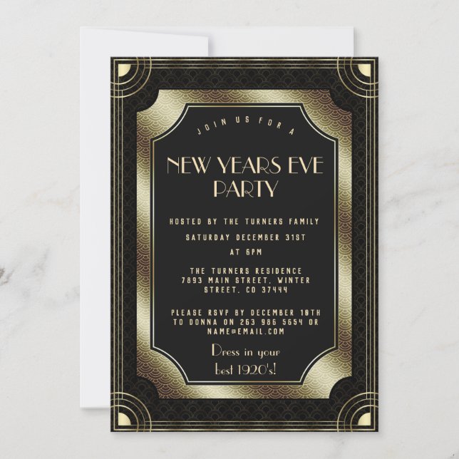 Luxury Gold Great Gatsby Black 20s New Year Party Invitation (Front)