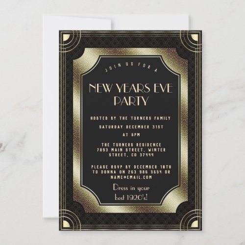 Luxury Gold Great Gatsby Black 20s New Year Party Invitation