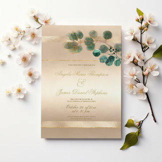 Luxury gold green eucalyptus leaves wedding invitation
