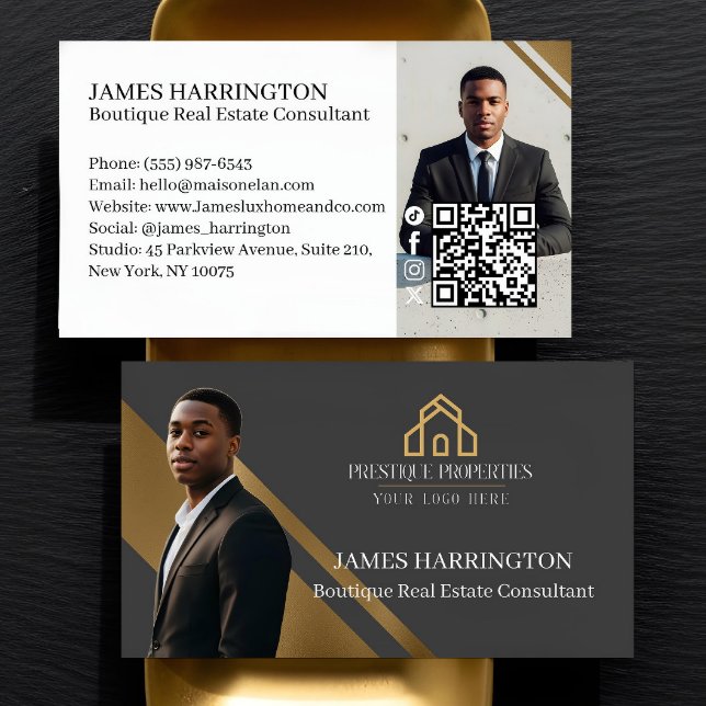Luxury Gold & Grey Real Estate Agent Photo Logo Business Card (Luxury Gold & Black Real Estate Agent Photo Logo Grey Business Card)