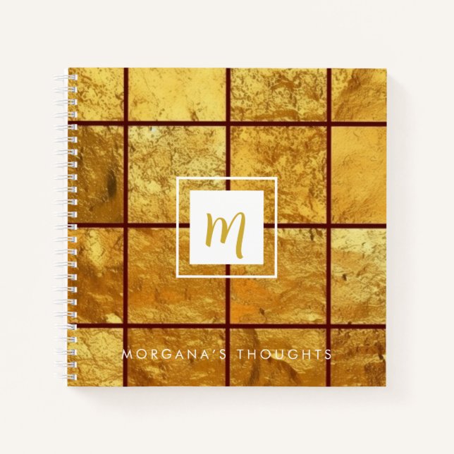 Luxury Gold Grid Sparkle Monogram Square Notebook (Front)