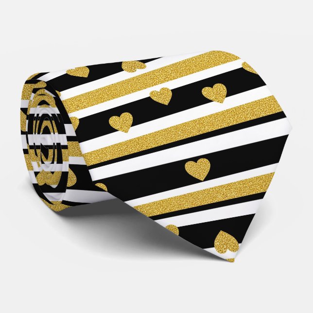 Luxury Gold Hearts Stripe Pattern Neck Tie (Rolled)
