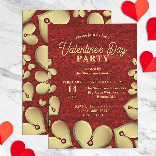 Luxury Gold Hearts with Red Gems Valentines Party Invitation