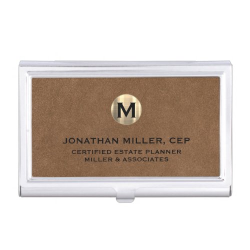 Luxury Gold Initial Logo Brown Leather Business Card Case
