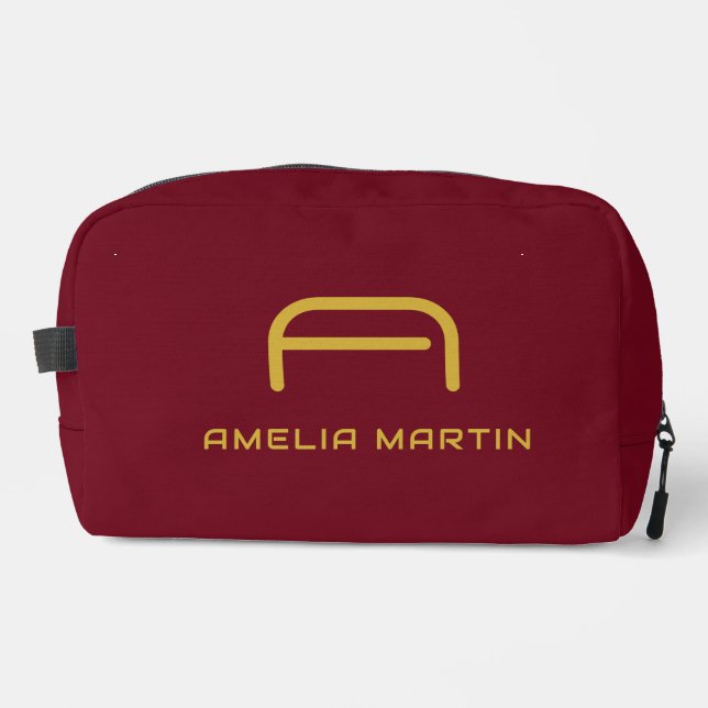 Luxury Gold Initial Monogram Burgundy Red Dopp Kit (Front)