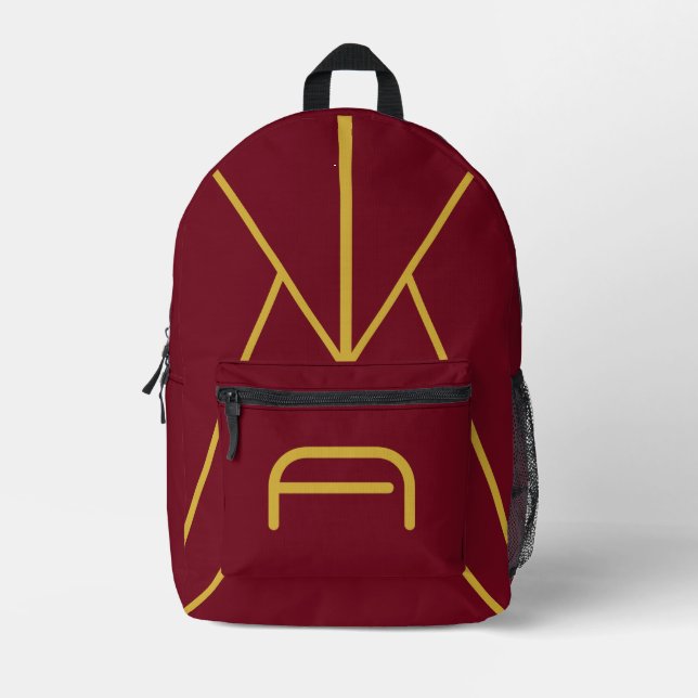Luxury Gold Initial Monogram Burgundy Red Printed Backpack (Front)