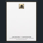 Luxury Gold Initials Business Letterhead<br><div class="desc">This luxurious business letterhead features a striking square brushed gold logo medallion featuring two overlapping initials, representing your brand with elegance. The white background is framed with a bold black leather print border, creating a sophisticated look that is perfect for business correspondence. Personalize with your own name and contact information...</div>