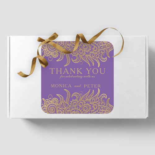 Luxury Gold Lace On Purple Elegant Classic Wedding Square Sticker