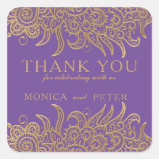 Luxury Gold Lace On Purple Elegant Classic Wedding Square Sticker