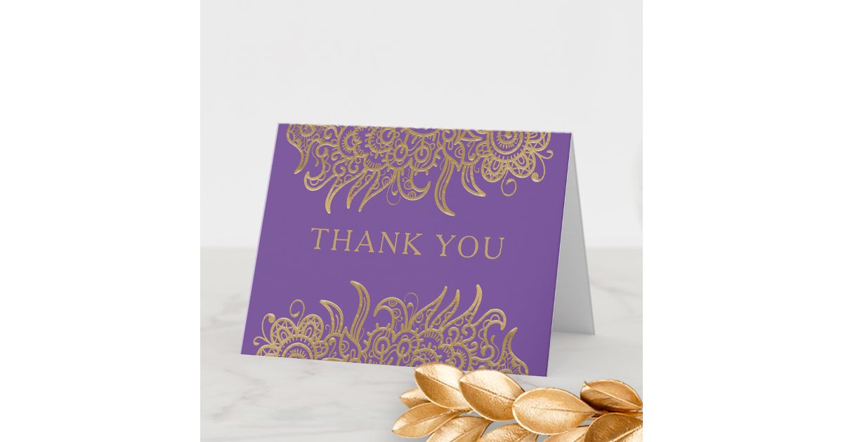 Luxury Gold Lace on Purple Elegant Classic Wedding Thank You Card | Zazzle