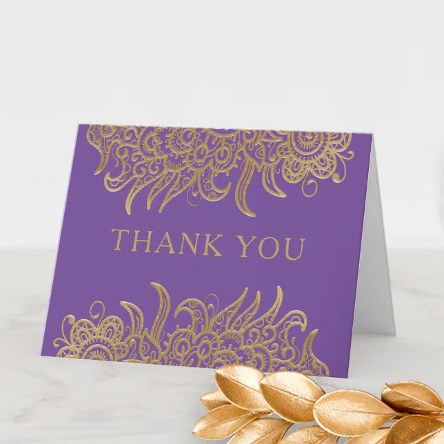 Luxury Gold Lace on Purple Elegant Classic Wedding Thank You Card | Zazzle