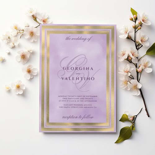 Luxury gold lavender monogram initials wedding invitation