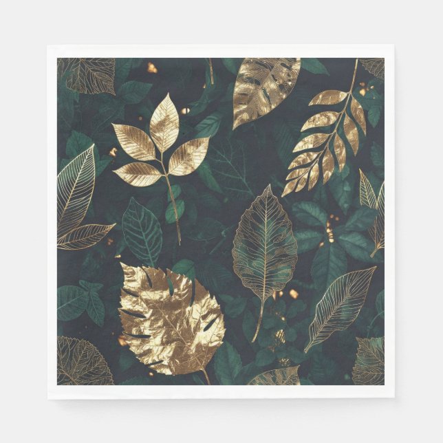 Luxury Gold Leaf Forest Green Napkins (Front)