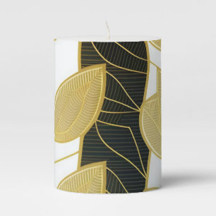Luxury Gold Leaves on Black and White Pillar Candle
