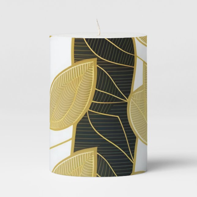 Luxury Gold Leaves on Black and White Pillar Candle (Front)