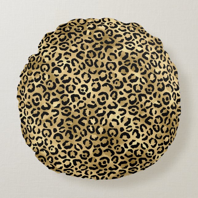 Luxury Gold Leopard Print-Cozy Glam Animal Pattern Round Pillow (Front)