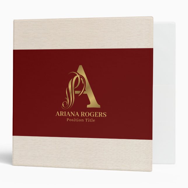 Luxury Gold Letter A Monogram On Dark-Red 3 Ring Binder (Front/Inside)
