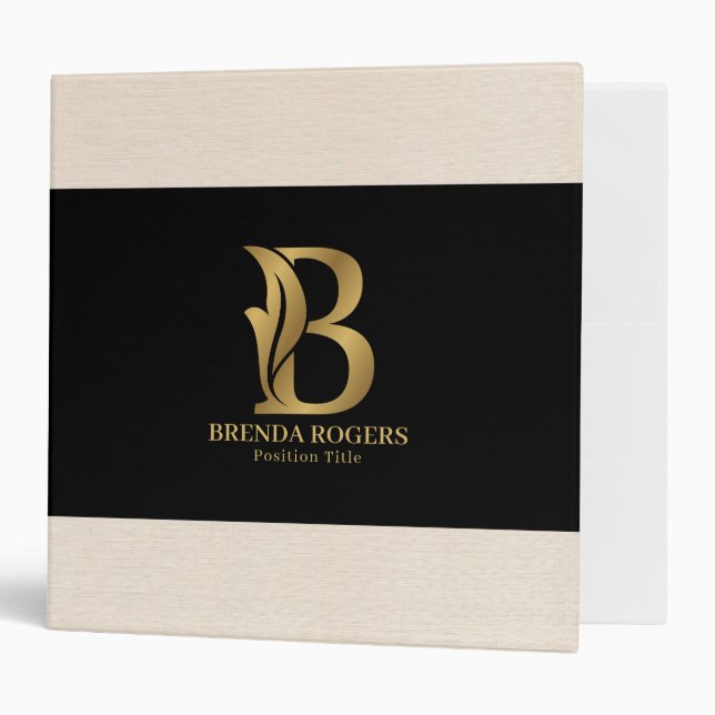 Luxury Gold Letter B Monogram On black and linen 3 Ring Binder (Front/Inside)