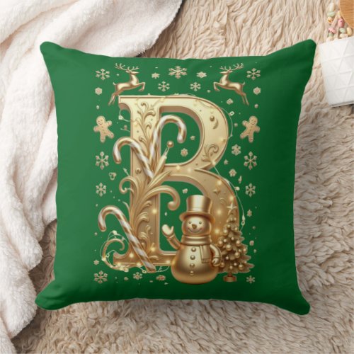 Luxury Gold Letter B Snowman Green Throw Pillow