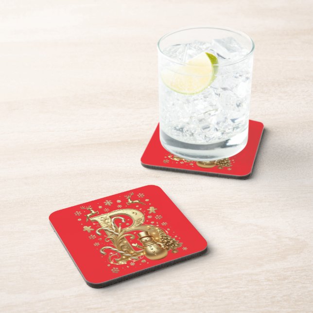 Luxury Gold Letter B Snowman Red Coaster Set (Right Side)