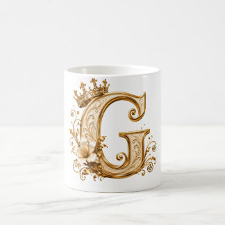 Luxury Gold Letter G Monogram with Crown & Lily Fl Coffee Mug