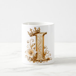 Luxury Gold Letter I Monogram with Crown & Lily Fl Coffee Mug