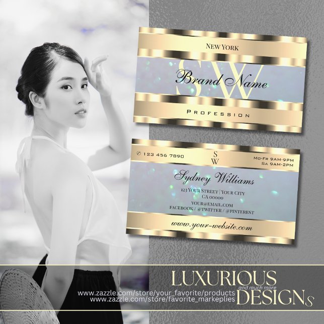 Luxury Gold Light Blue Pearl Glitter and Monogram Business Card (Creator Uploaded)
