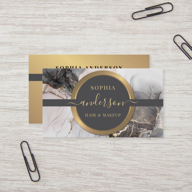 Luxury Gold Logo circle & Glitter Marble Agate  Business Card (Front/Back In Situ)