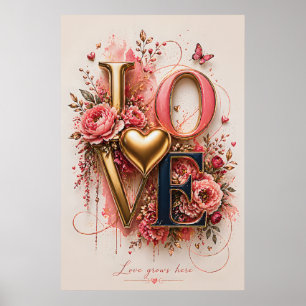 Luxury Gold LOVE Floral Design Poster