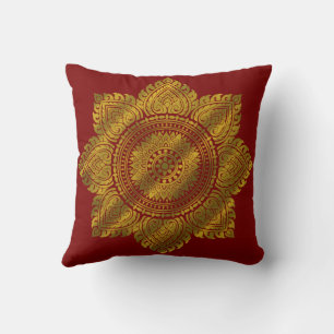 Luxury Gold Mandala Red Throw Pillow