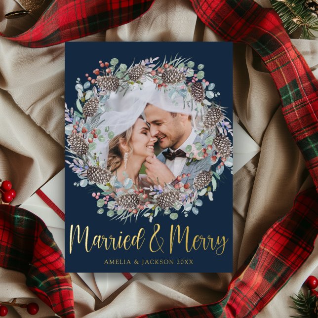 Luxury Gold Married & Merry Christmas Wreath Foil Holiday Card (Creator Uploaded)