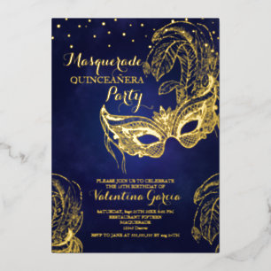 Luxury Gold Masquerade Quinceañera Mask Design Foil Invitation