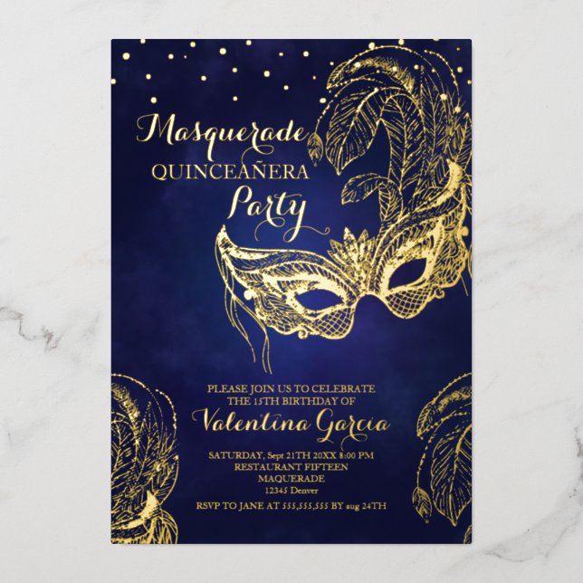 Luxury Gold Masquerade Quinceañera Mask Design Foil Invitation (Front)