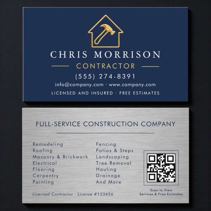 Luxury Gold Metal Contractor QR Code Business Card