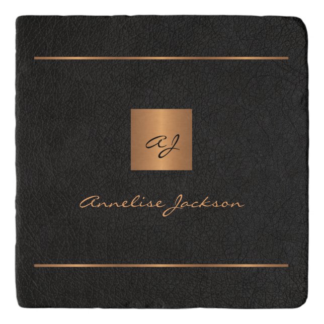 Luxury gold metallic black monogram name script trivet (Front)