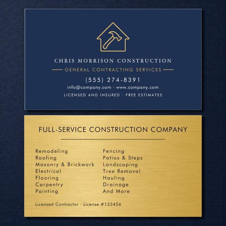 Luxury Gold Metallic Navy Blue Construction Business Card