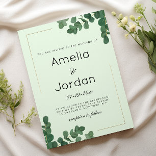 Luxury gold mint green eucalyptus leaves wedding invitation