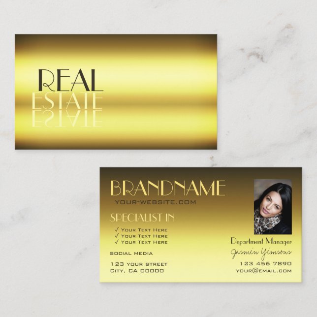 Luxury Gold Modern Chic Mirror Letters with Photo Business Card (Front/Back)