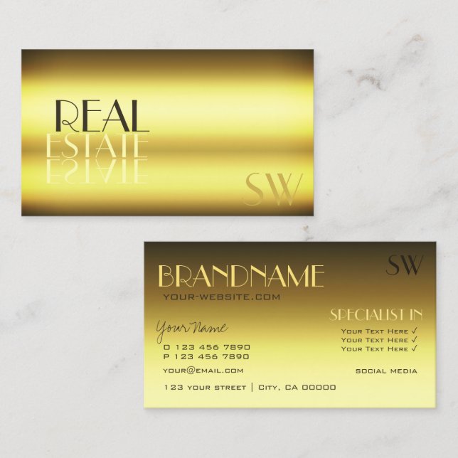 Luxury Gold Modern Mirror Letters with Monogram Business Card (Front/Back)