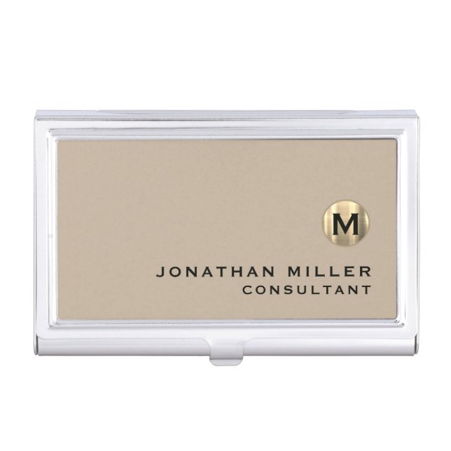 Luxury Gold Monogram Beige Business Card Case (Front)