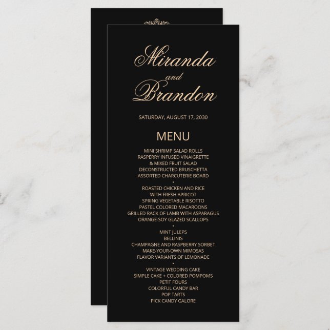 Luxury Gold Monogram Black Wedding Menu Card (Front/Back)