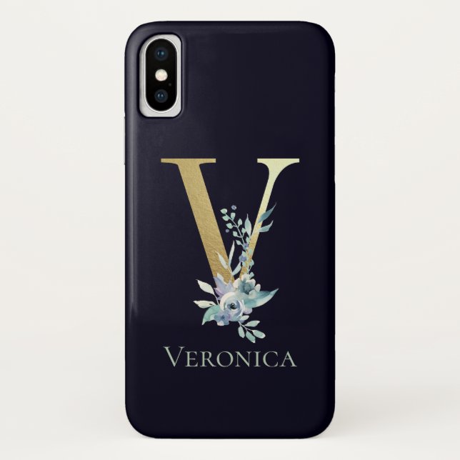 Luxury Gold Monogram Letter V Floral Blue Name Case-Mate iPhone Case (Back)