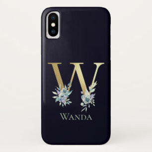 Luxury Gold Monogram Letter W Floral Blue Name iPhone X Case