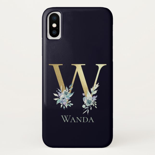 Luxury Gold Monogram Letter W Floral Blue Name Case-Mate iPhone Case (Back)