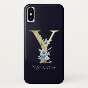 Luxury Gold Monogram Letter Y Floral Blue Name iPhone X Case
