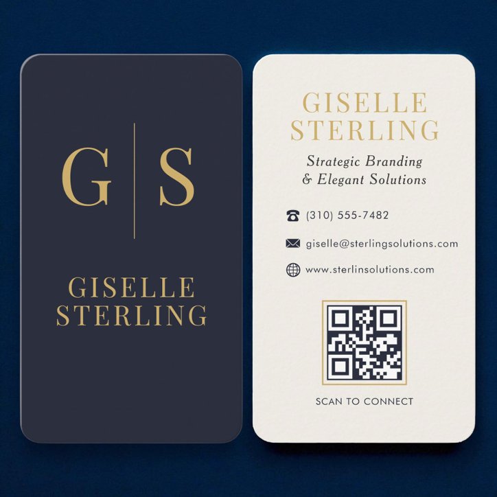Luxury Gold Monogram Navy Blue QR Code Business Card