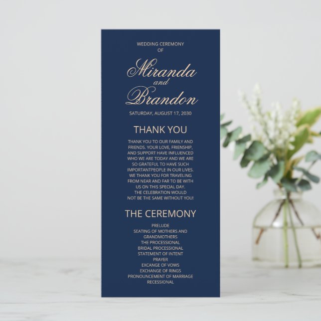 Luxury Gold Monogram Navy Blue Wedding Program (Standing Front)