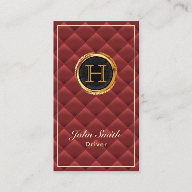 Luxury Gold Monogram Red Quilted Modern Driver Business Card (Front)