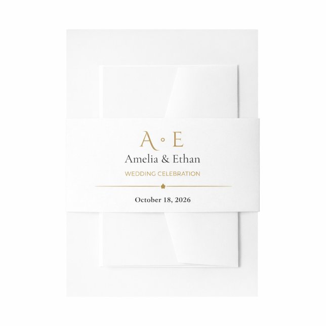 Luxury Gold Monogram Wedding Belly Band (Minimalist White & Gold Wedding Invitation — Elegant Design for Modern Couples)